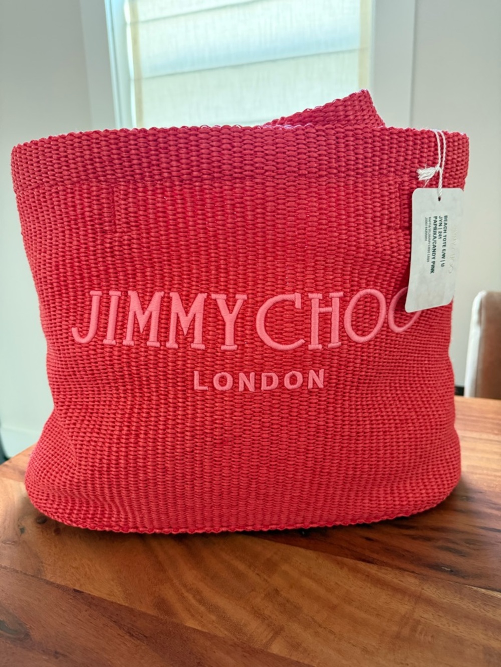 Jimmy Choo Raffia Shopping/Beach Bag w/Lettering On Front (Paprika/Candy Pink)